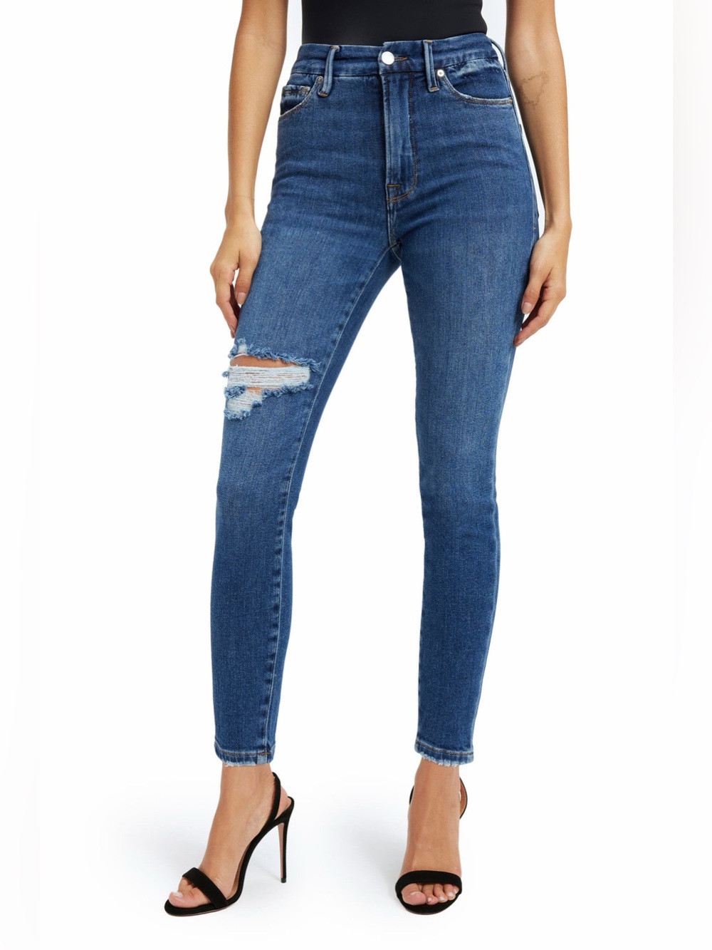 GOOD AMERICAN Good Waist Ripped Crop Skinny Jeans 12/31 Med Wash Cashmere Blend